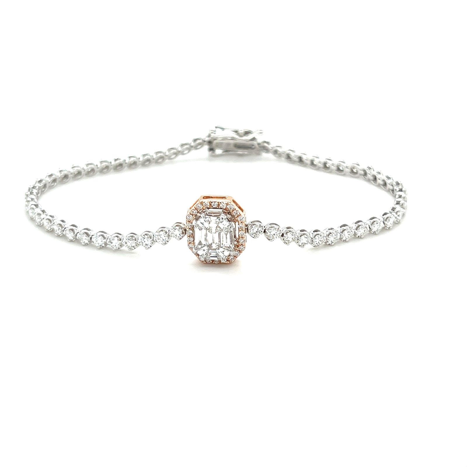 Emerald-Cut Diamond Tennis Bracelet with Rose Gold Accent